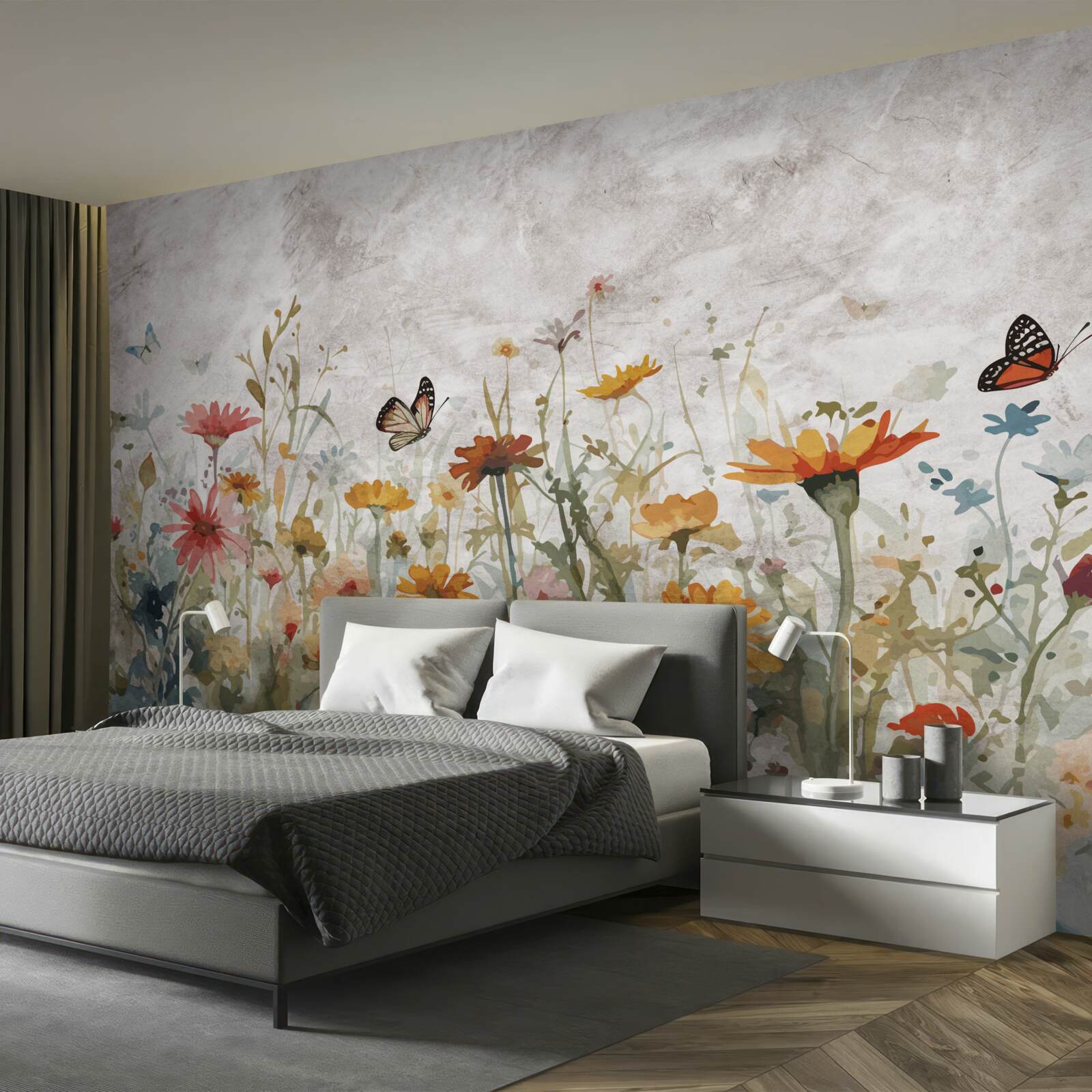 Фотошпалери квіти з метеликами на світанку