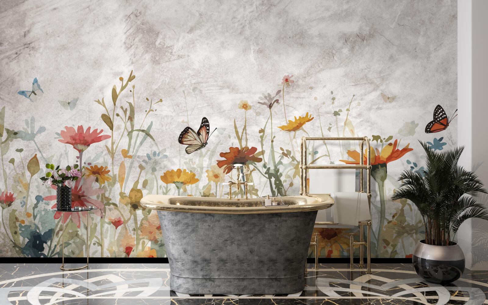 Фотошпалери квіти з метеликами на світанку