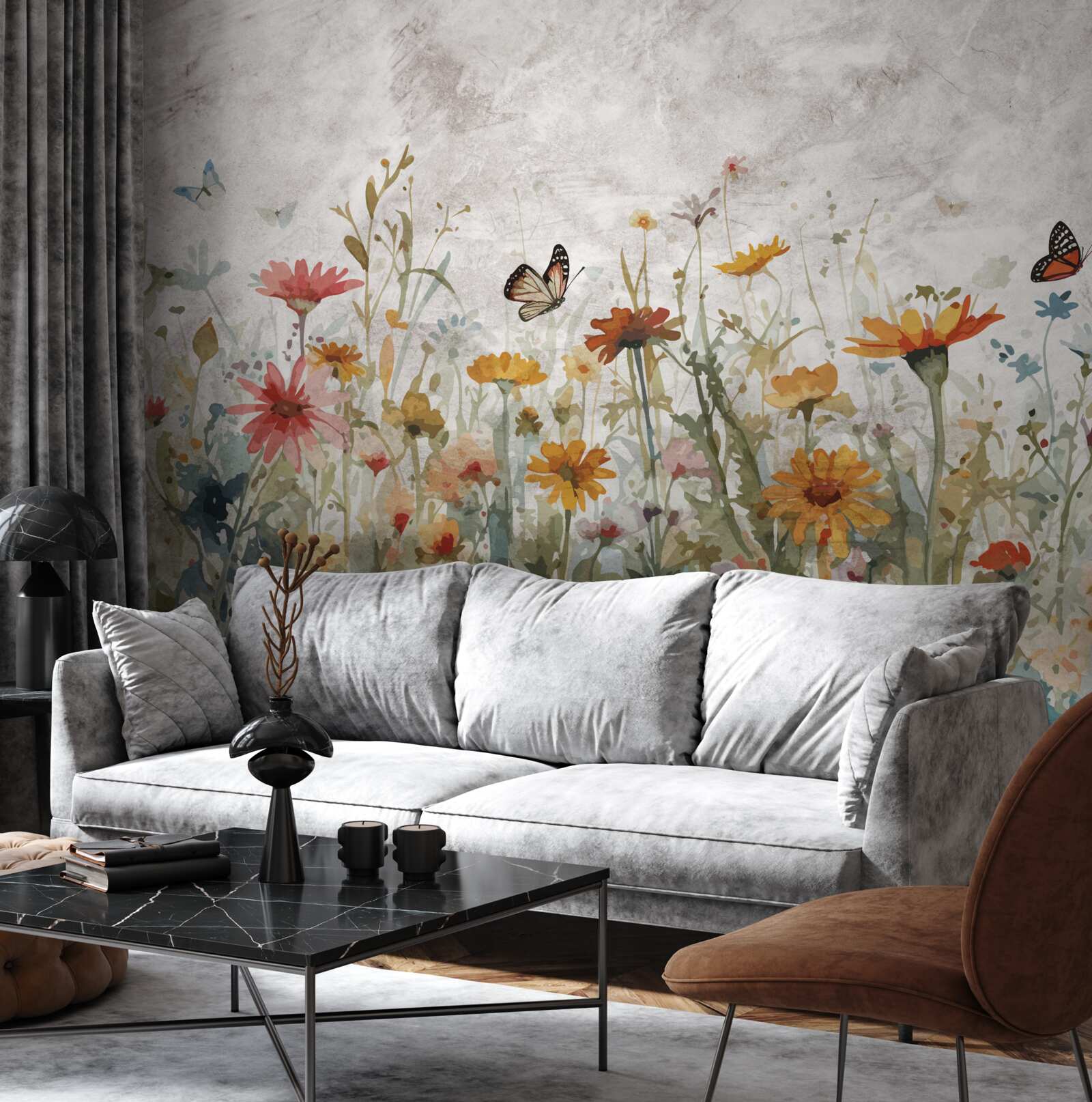 Фотошпалери квіти з метеликами на світанку