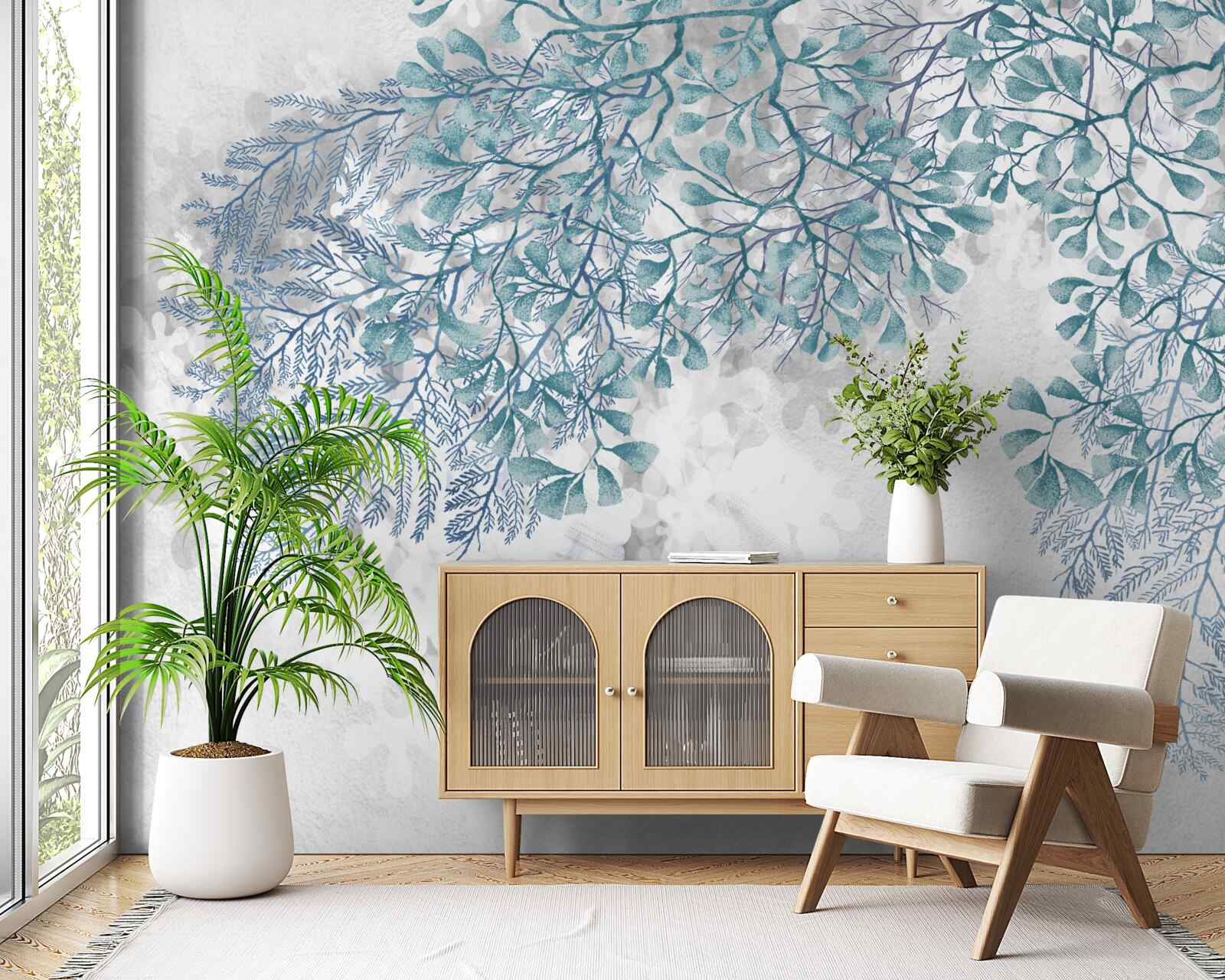 Фотошпалери білий фон із зеленим листям