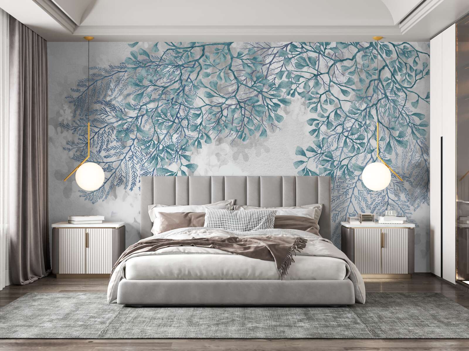 Фотошпалери білий фон із зеленим листям