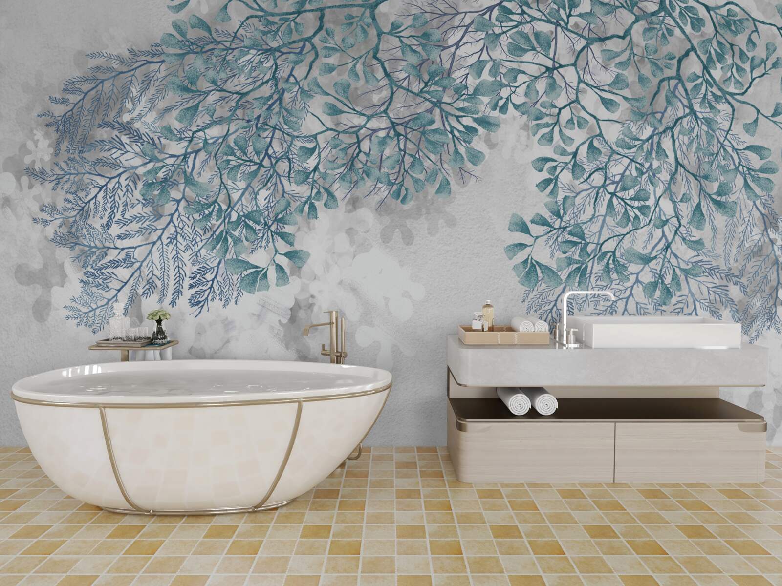 Фотошпалери білий фон із зеленим листям