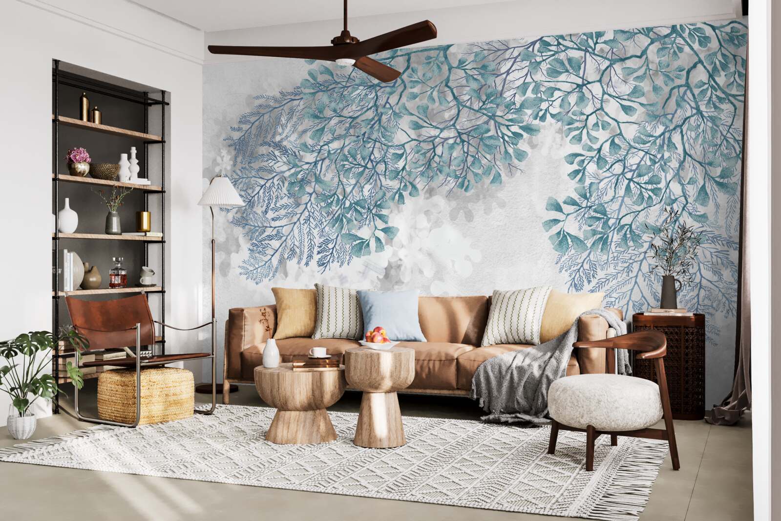 Фотошпалери білий фон із зеленим листям