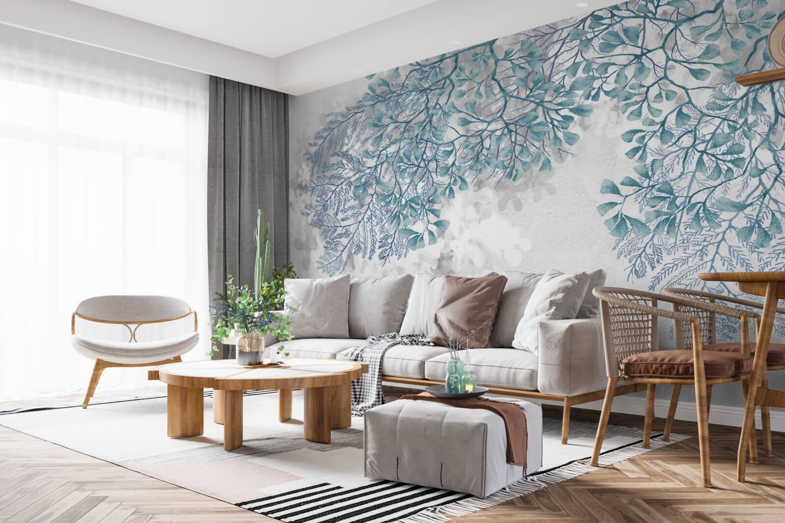 Фотошпалери білий фон із зеленим листям