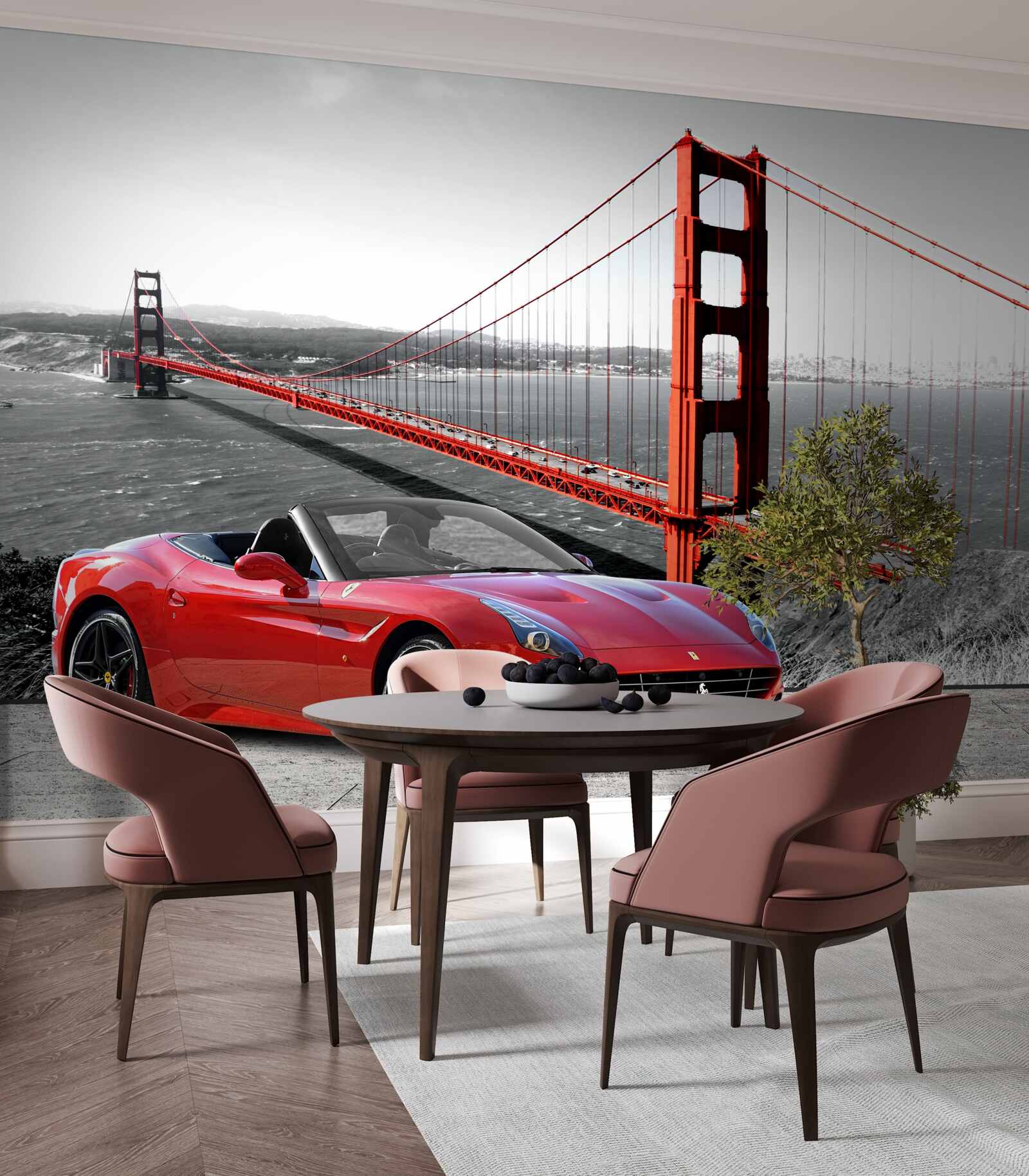 Фотошпалери червона машина і міст