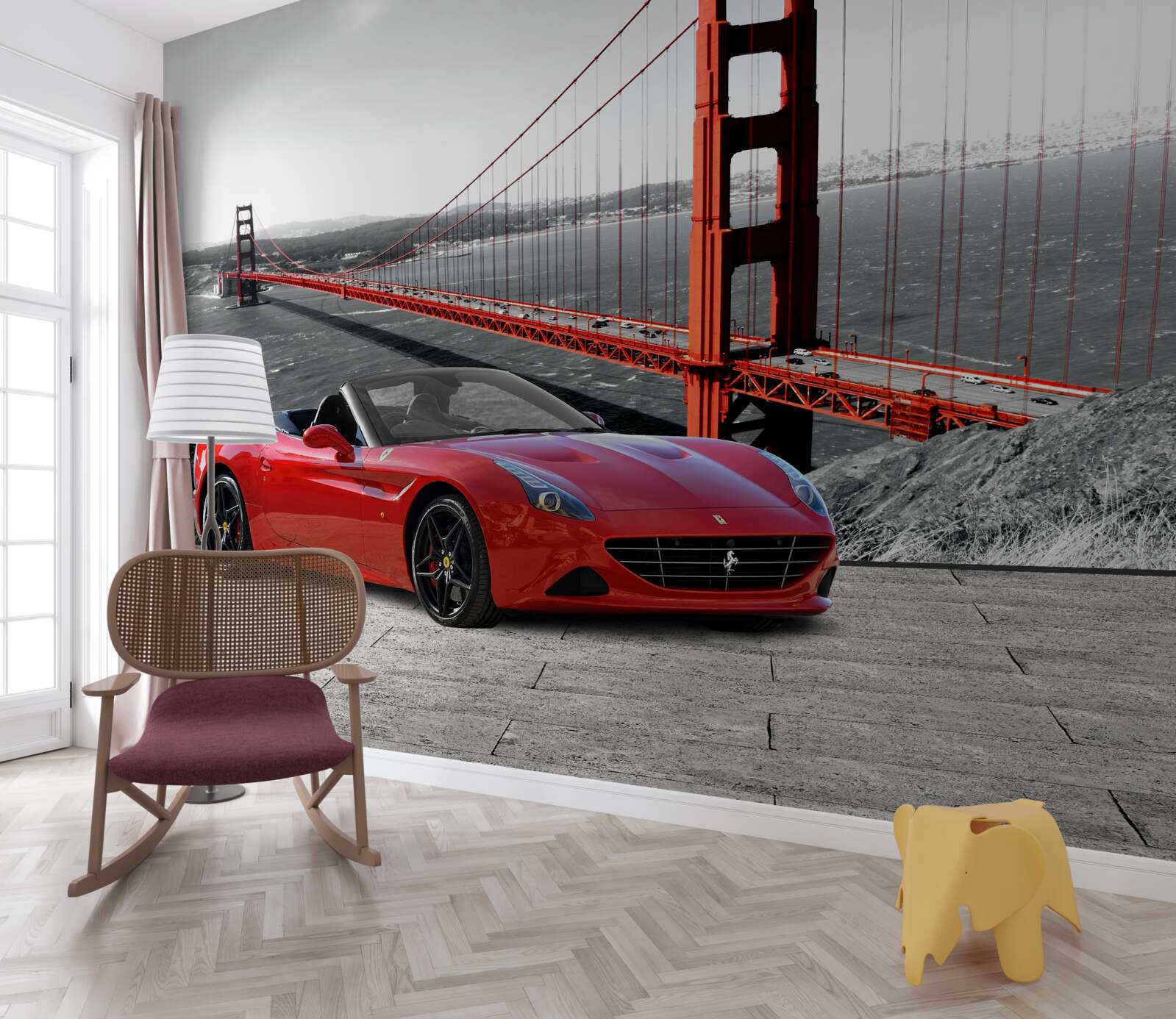 Фотошпалери червона машина і міст