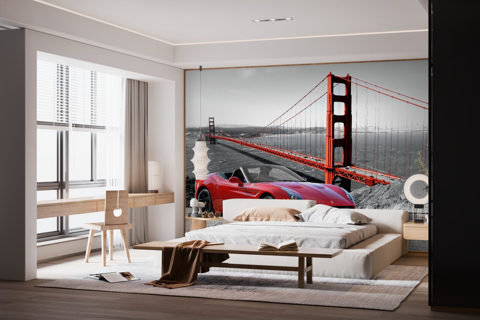 Фотошпалери червона машина і міст