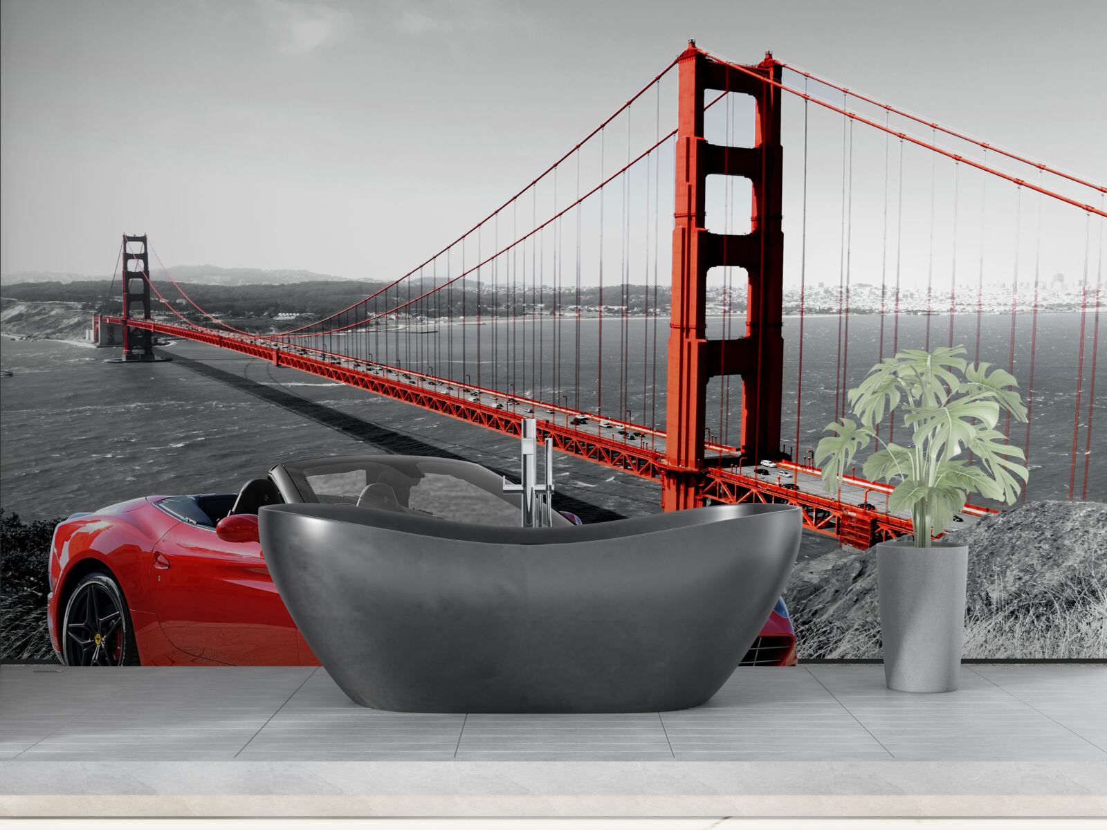 Фотошпалери червона машина і міст