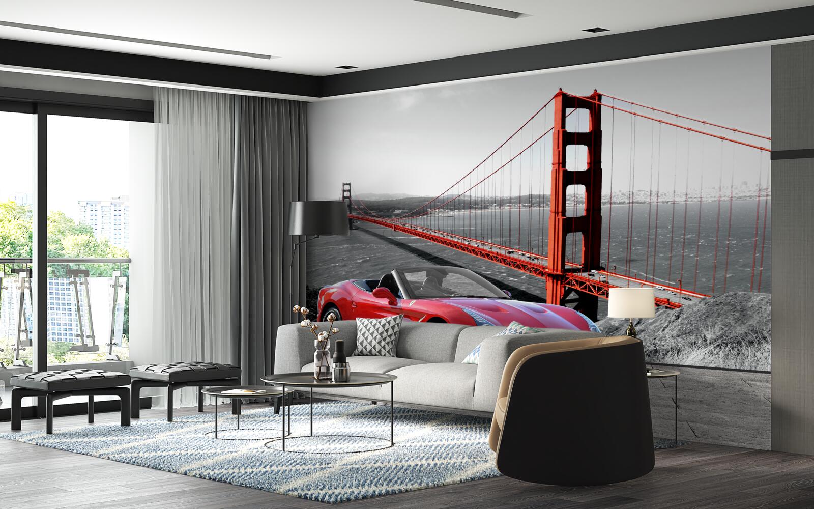 Фотошпалери червона машина і міст