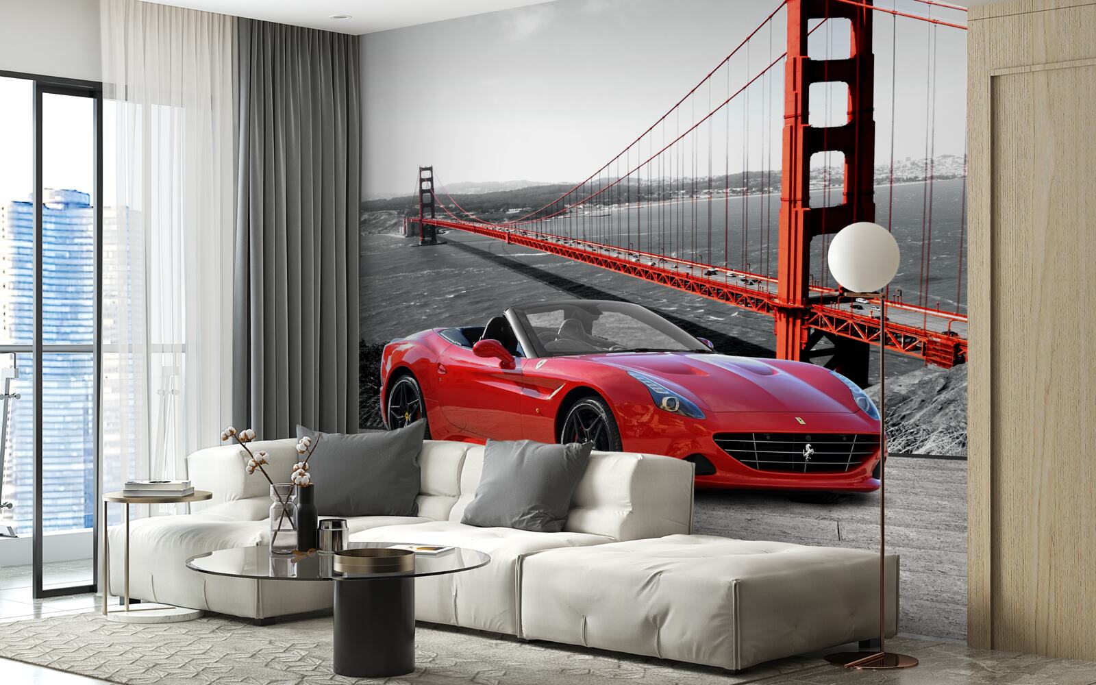 Фотошпалери червона машина і міст