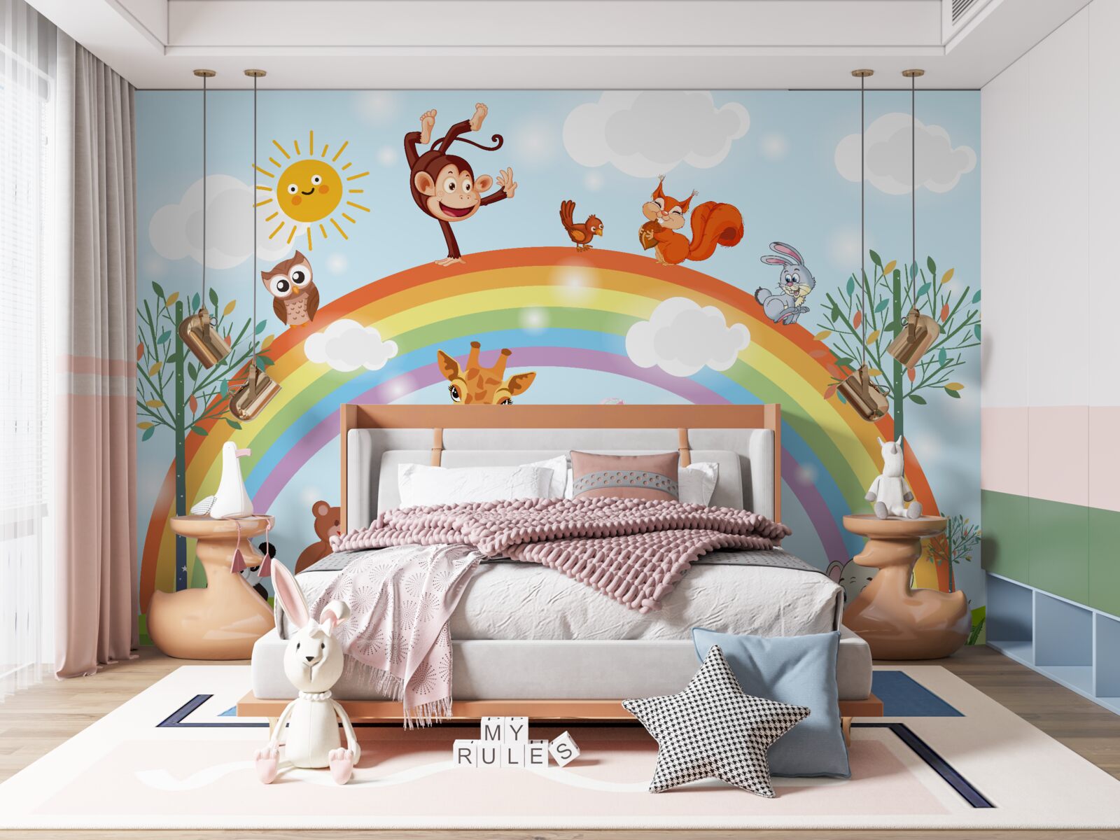 Фотошпалери тварини розважаються, спостерігаючи за веселкою