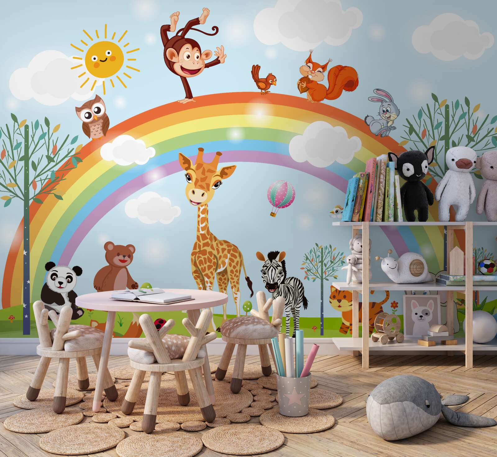 Фотошпалери тварини розважаються, спостерігаючи за веселкою