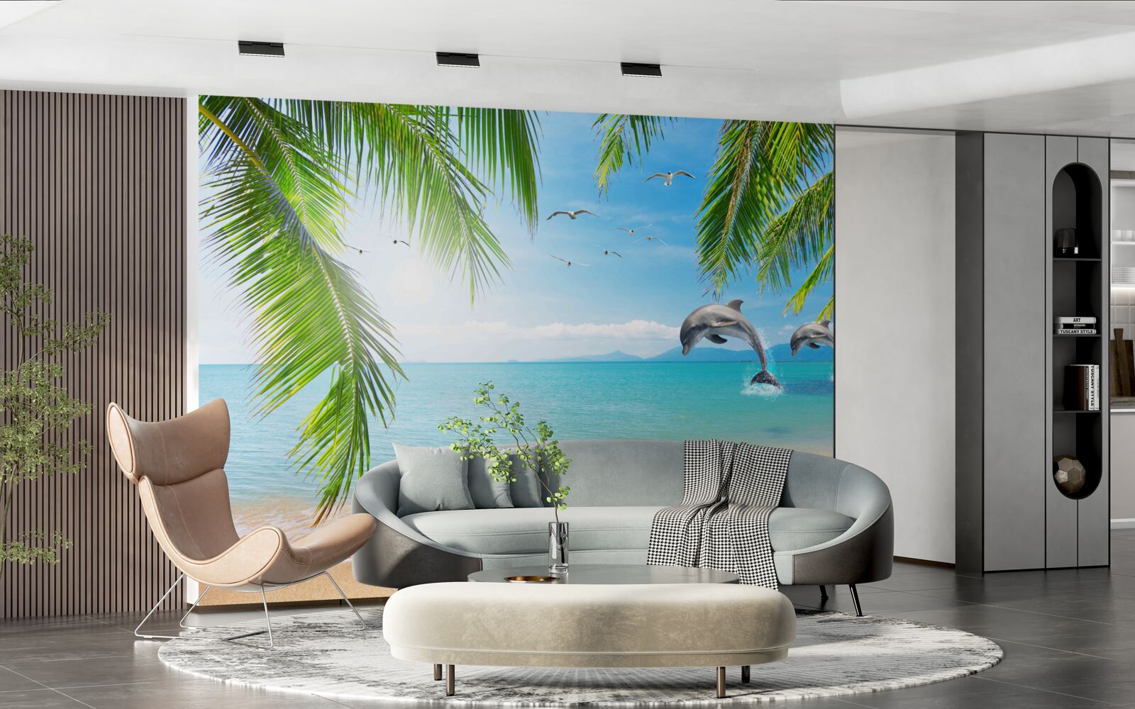 Фотошпалери два дельфіни біля узбережжя з блакитною водою