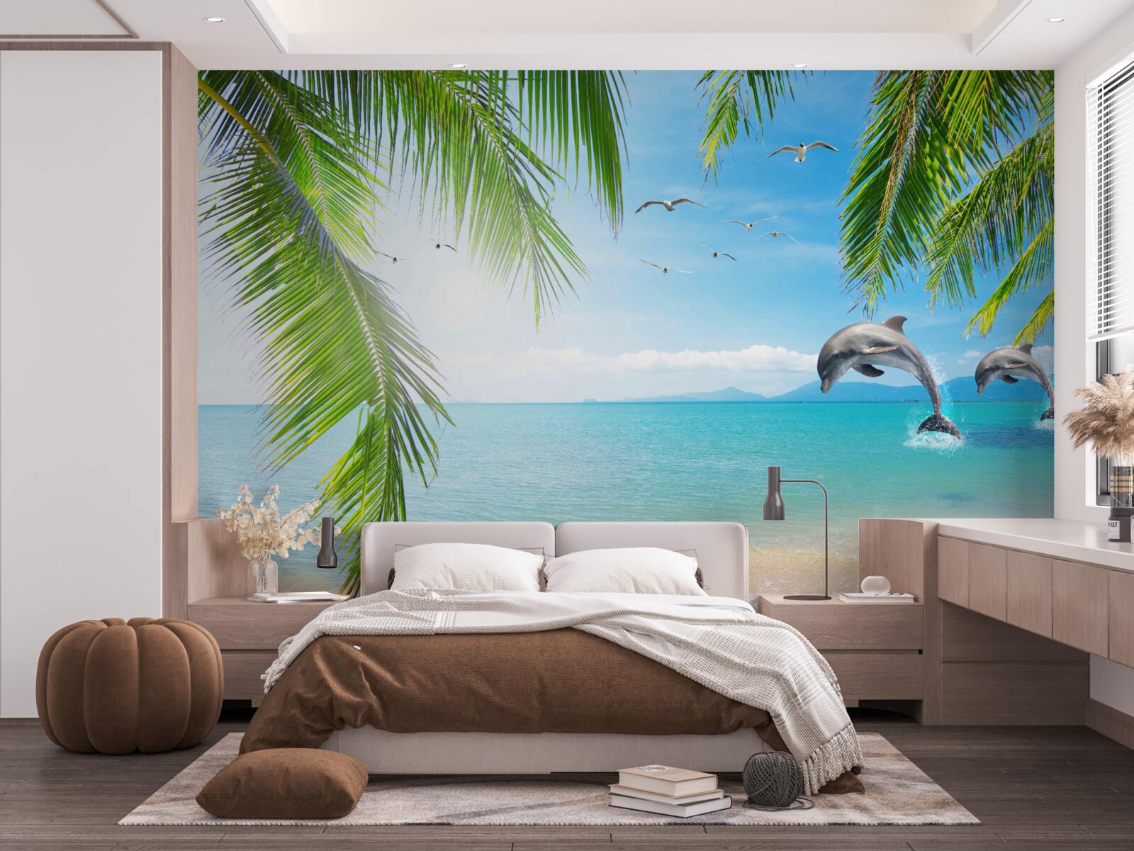 Фотошпалери два дельфіни біля узбережжя з блакитною водою
