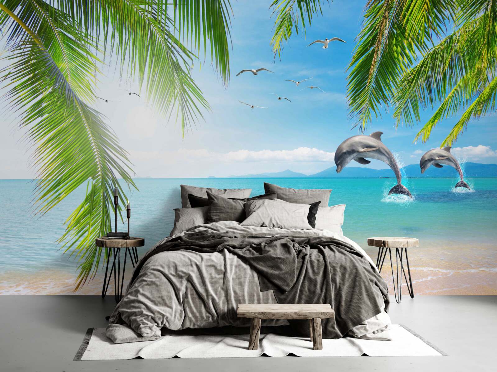 Фотошпалери два дельфіни біля узбережжя з блакитною водою