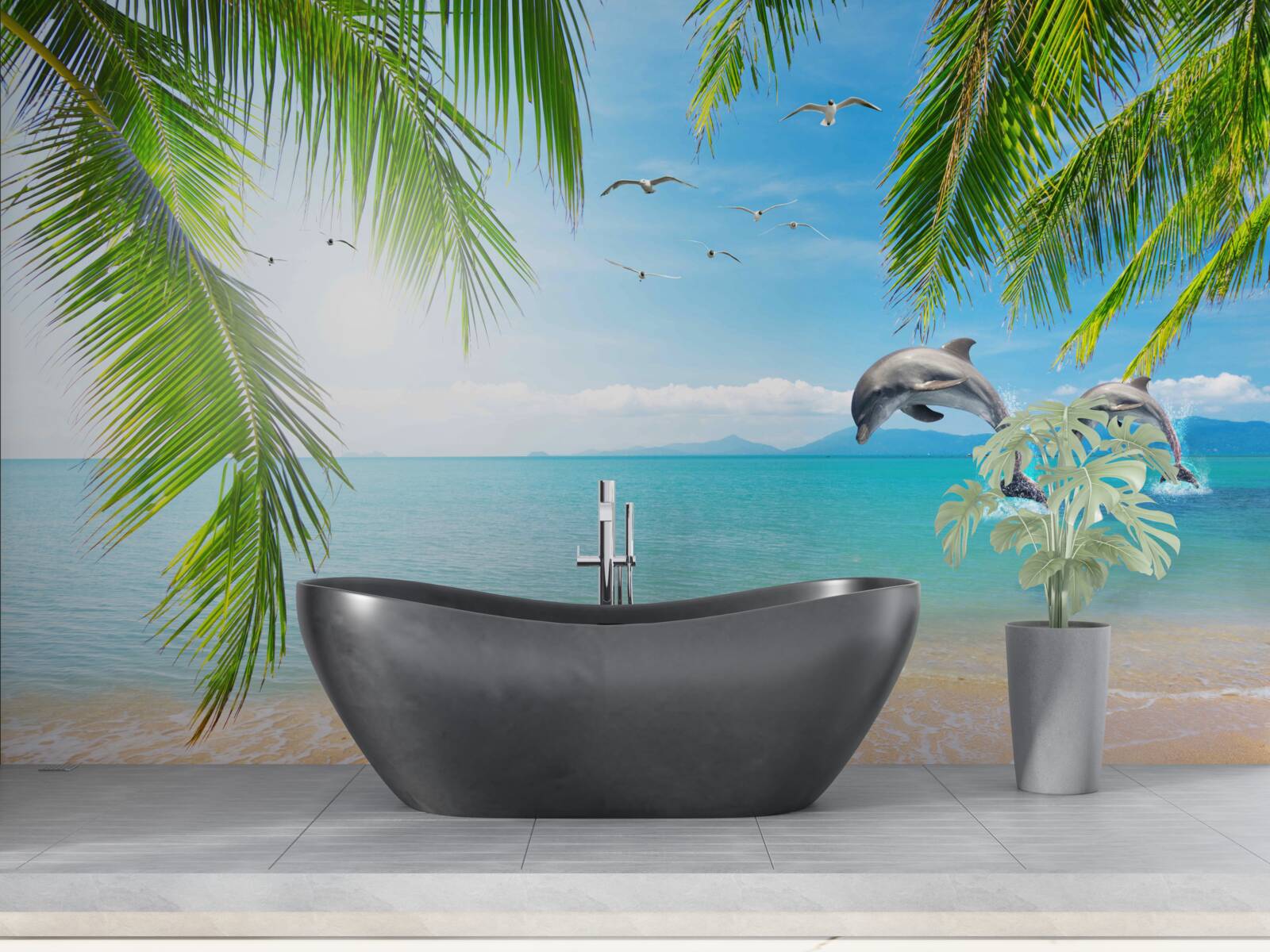 Фотошпалери два дельфіни біля узбережжя з блакитною водою