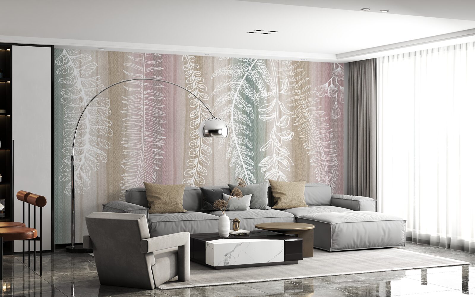 Фотошпалери листя біле з абстрактним візерунком