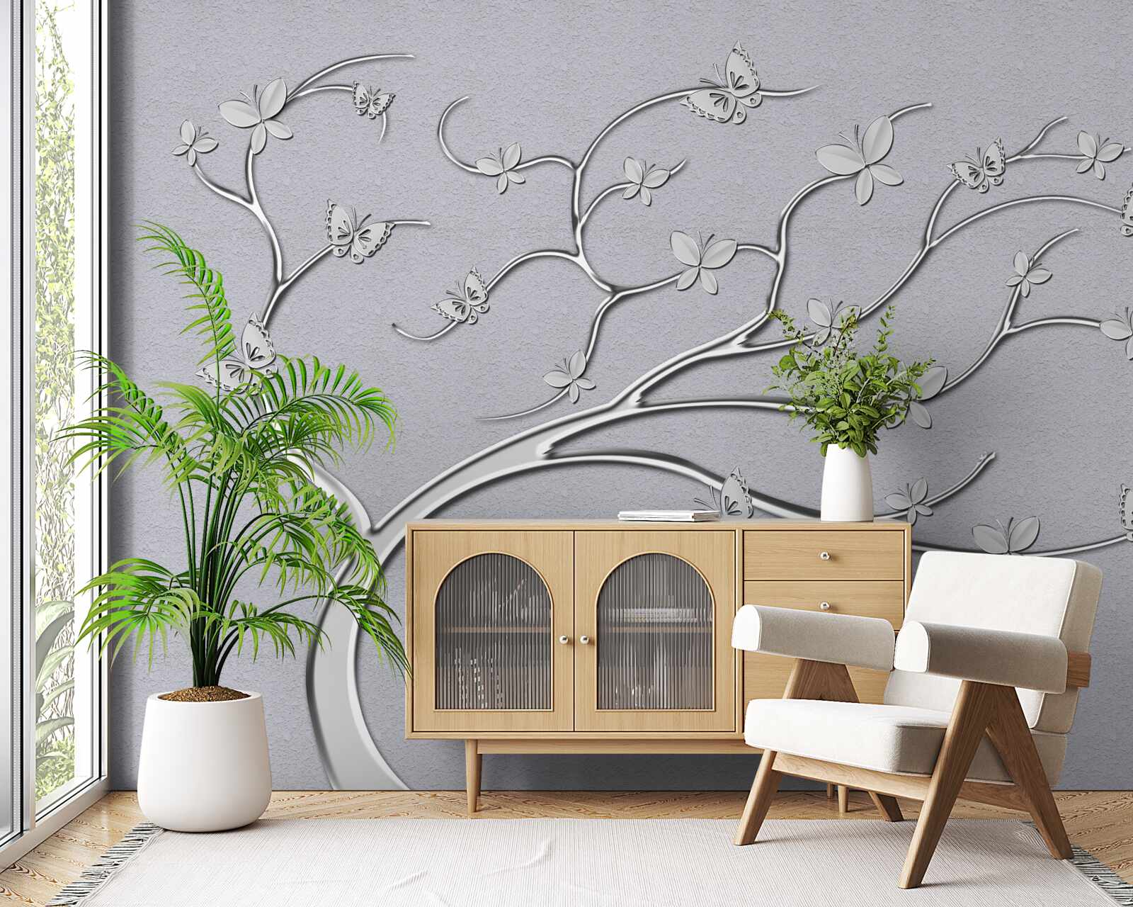 Фотошпалери тонке дерево з металевими квітами