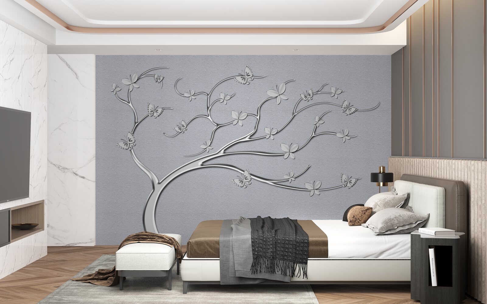 Фотошпалери тонке дерево з металевими квітами