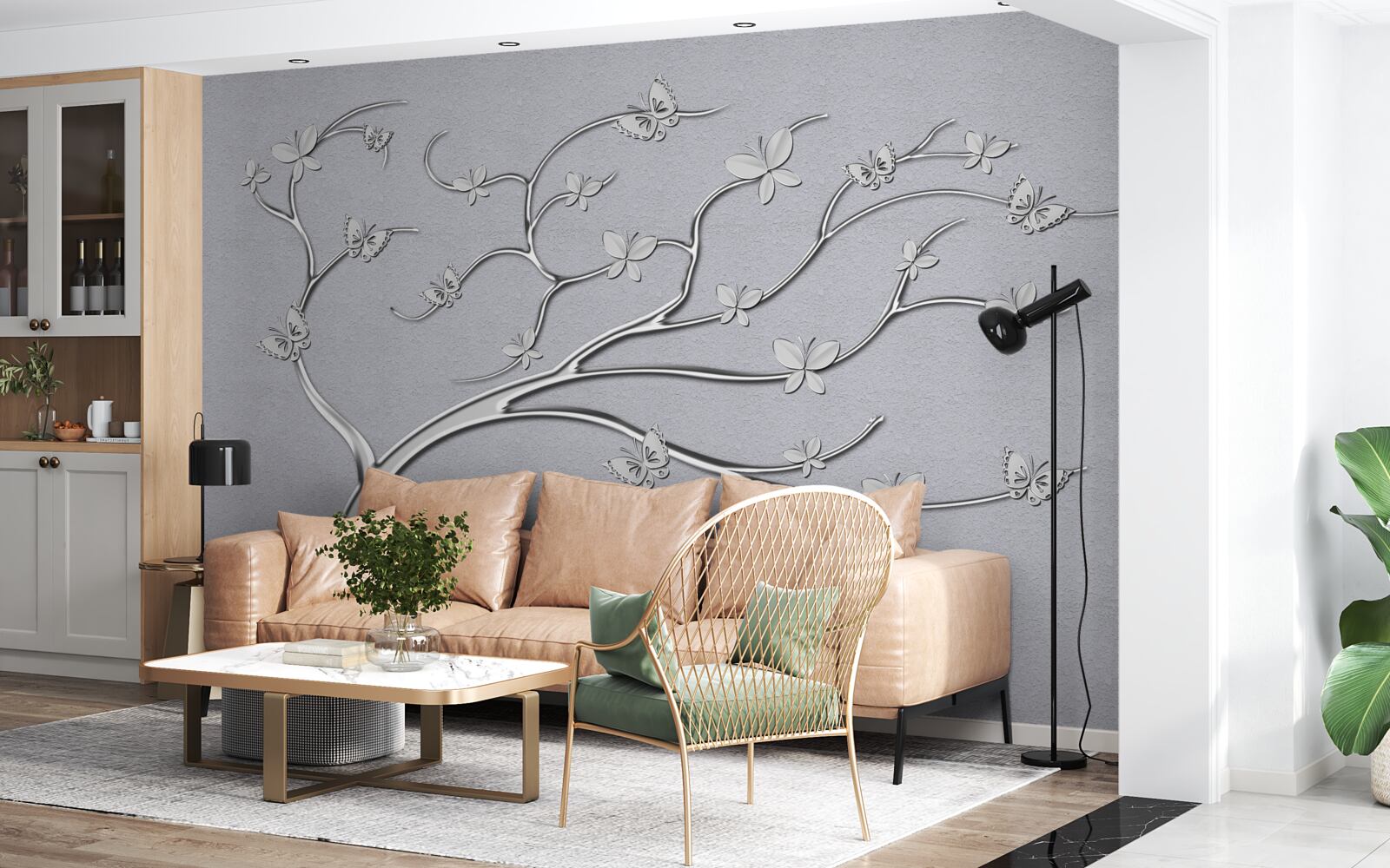 Фотошпалери тонке дерево з металевими квітами