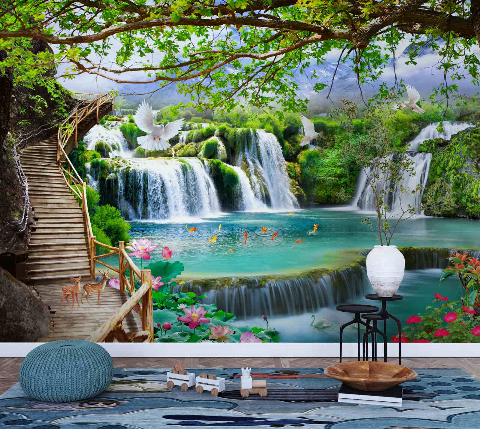 Фотошпалери фото з водоспадами та зеленою рослинністю