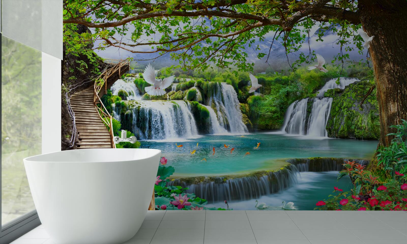 Фотошпалери фото з водоспадами та зеленою рослинністю