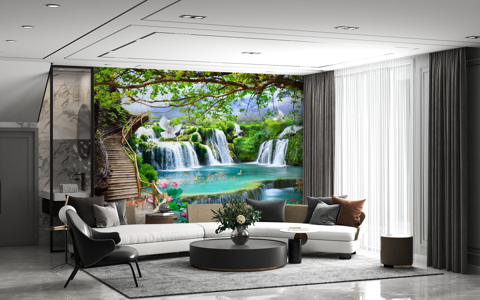 Фотошпалери фото з водоспадами та зеленою рослинністю