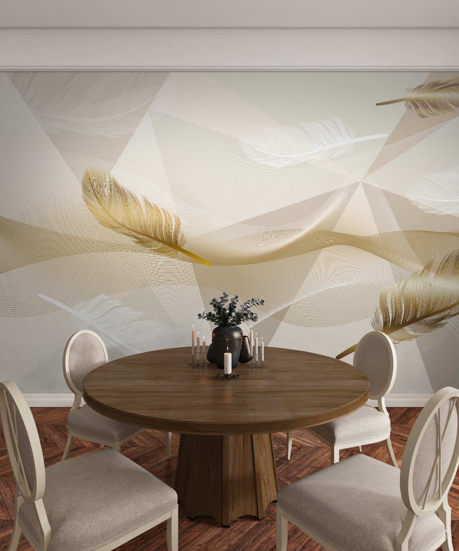 Фотошпалери літаюче пір'я та геометричні фігури