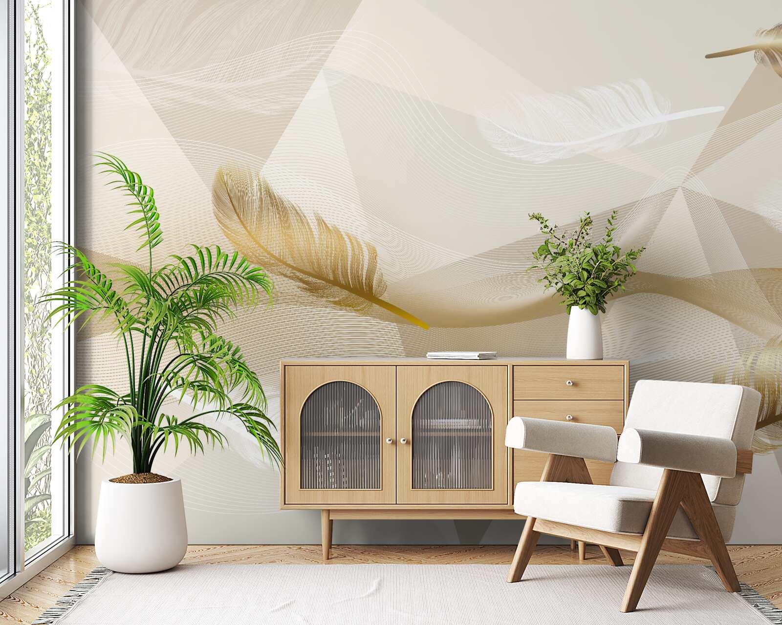 Фотошпалери літаюче пір'я та геометричні фігури