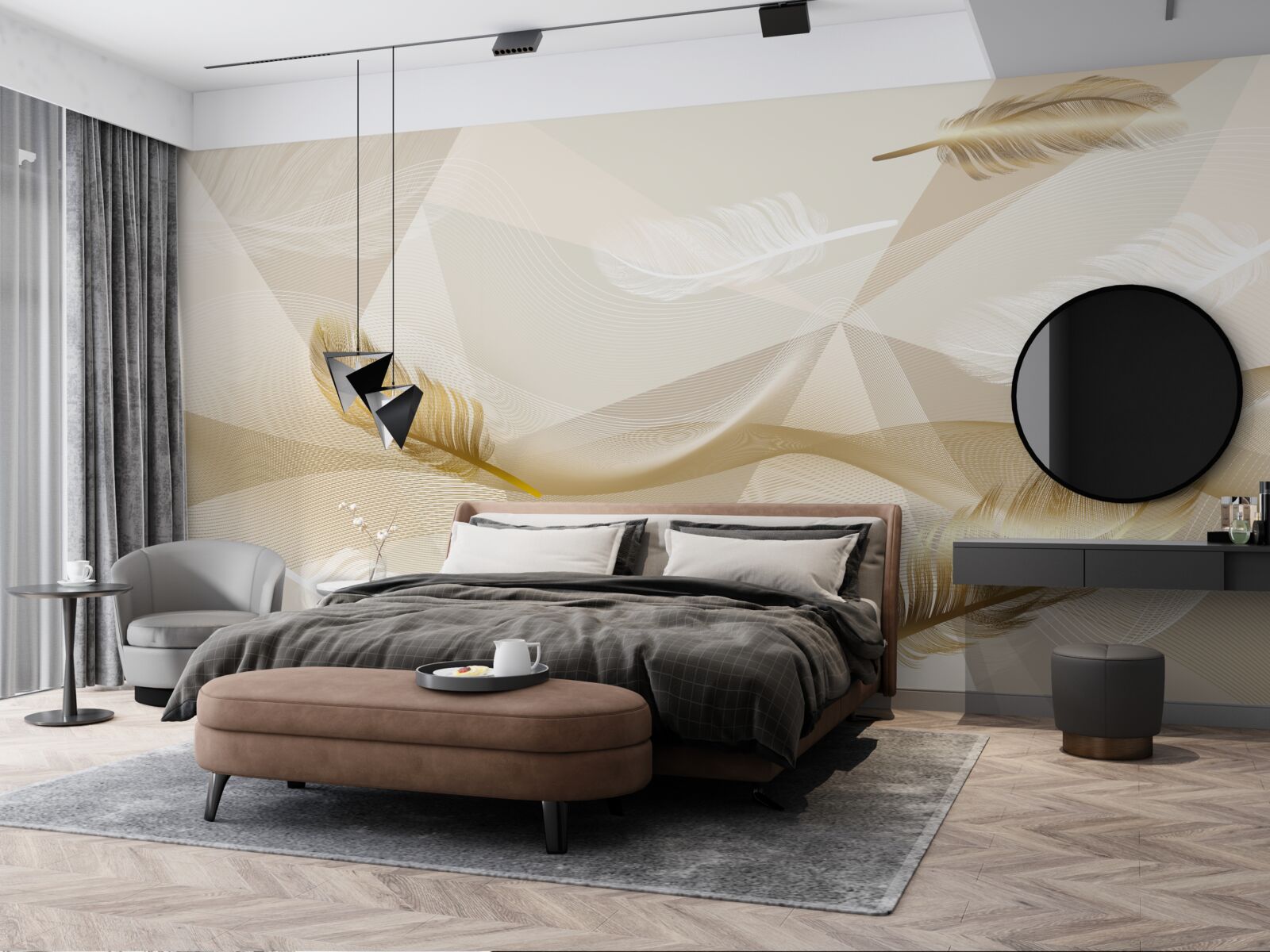 Фотошпалери літаюче пір'я та геометричні фігури