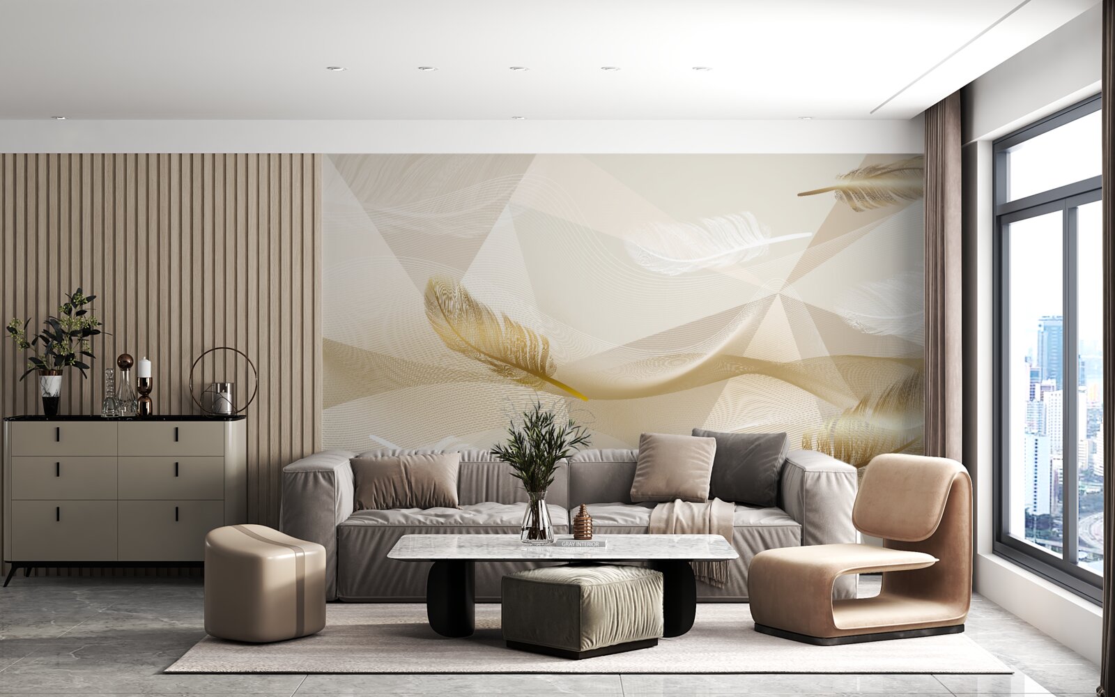 Фотошпалери літаюче пір'я та геометричні фігури