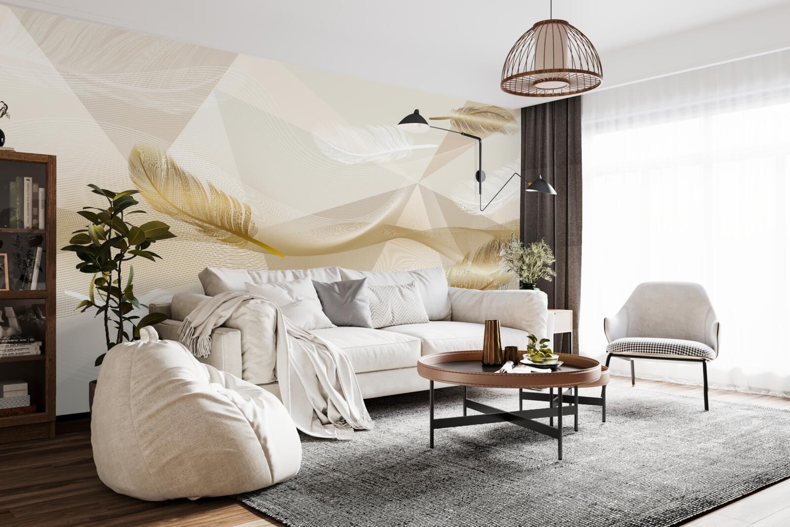 Фотошпалери літаюче пір'я та геометричні фігури