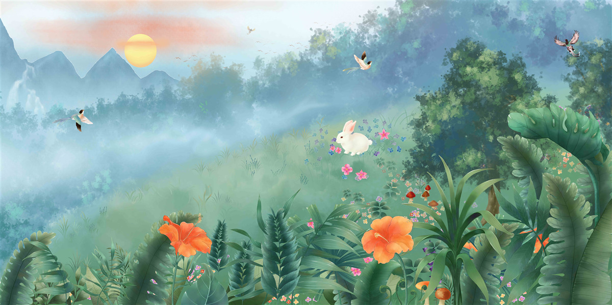 Фотошпалери схід сонця над гірською галявиною