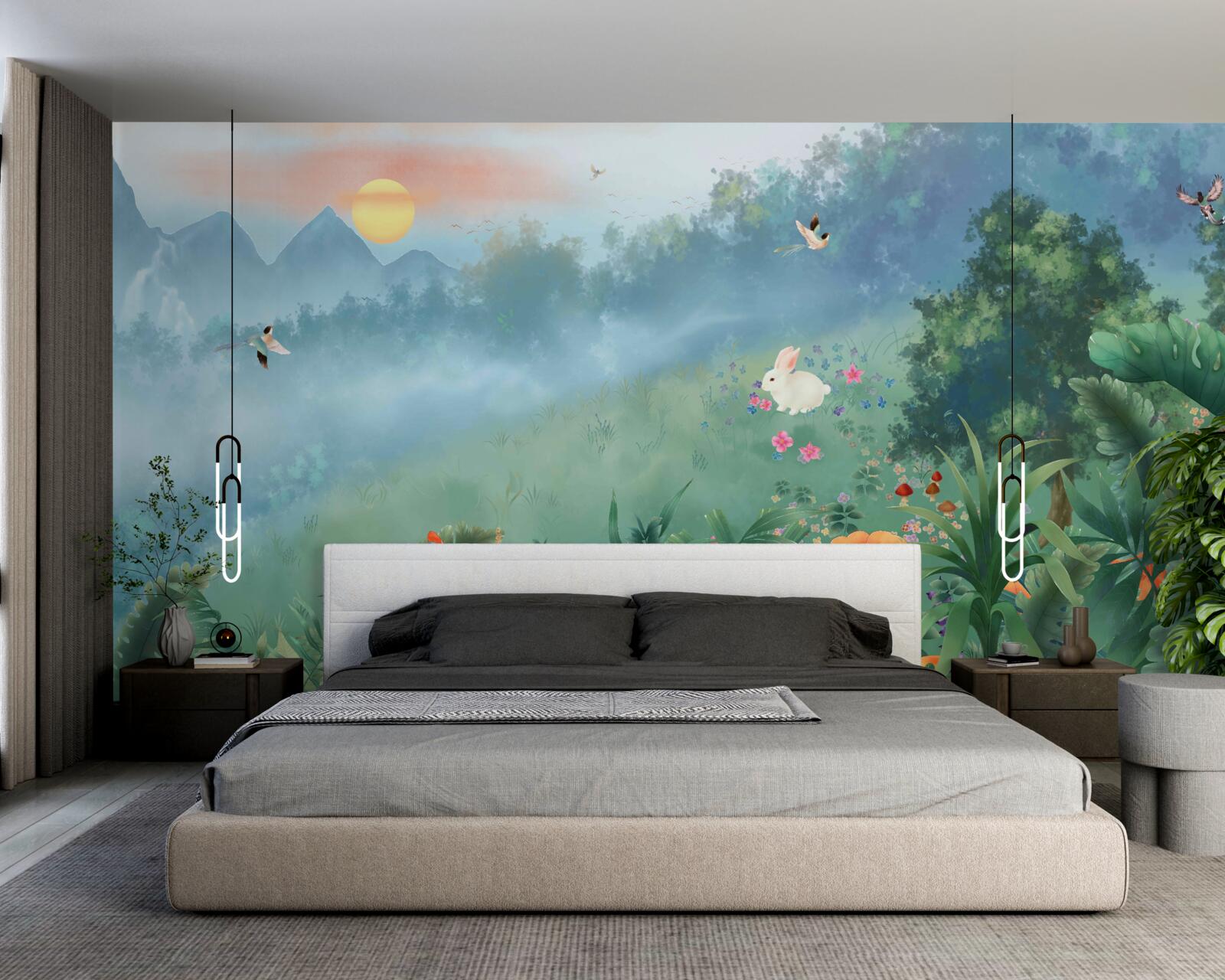 Фотошпалери схід сонця над гірською галявиною