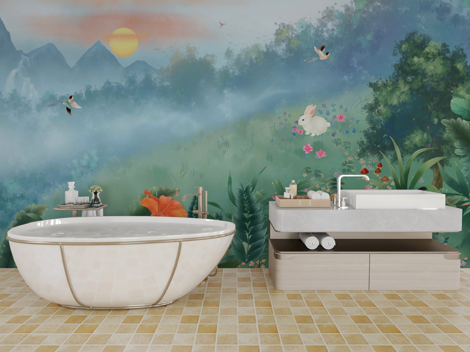 Фотошпалери схід сонця над гірською галявиною