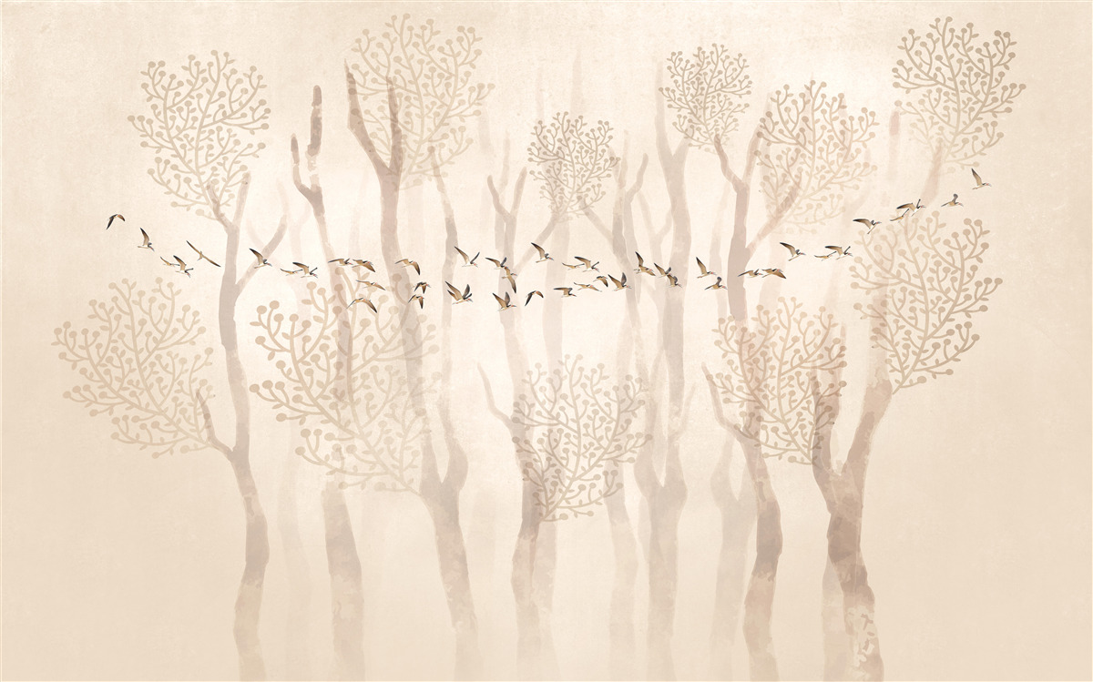 Фотошпалери витончені дерева та група птахів