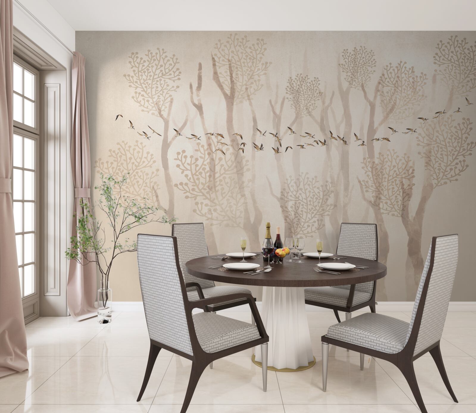 Фотошпалери витончені дерева та група птахів