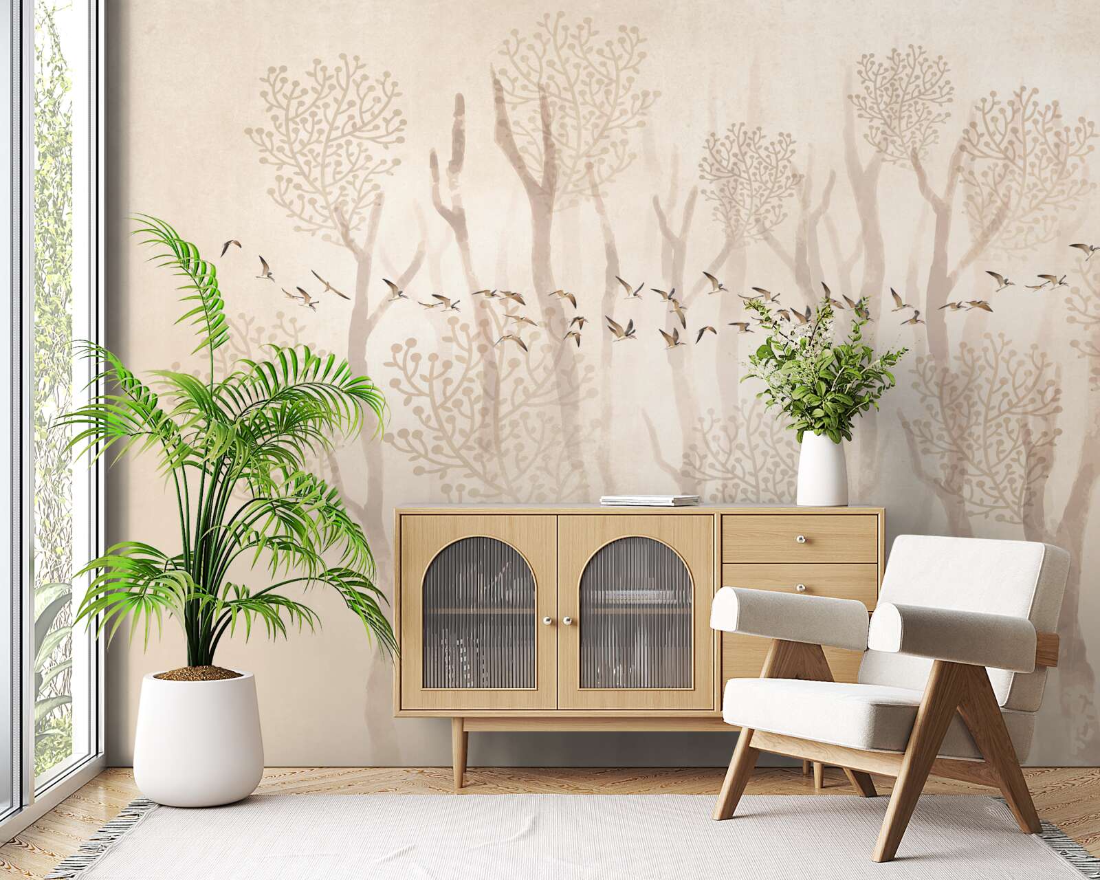 Фотошпалери витончені дерева та група птахів