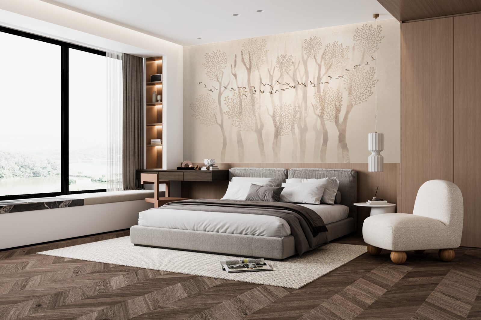 Фотошпалери витончені дерева та група птахів