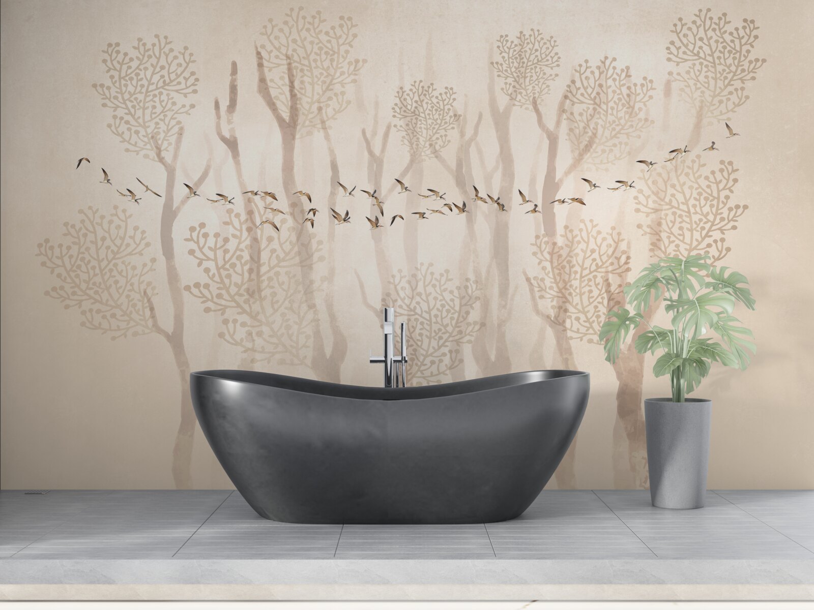 Фотошпалери витончені дерева та група птахів