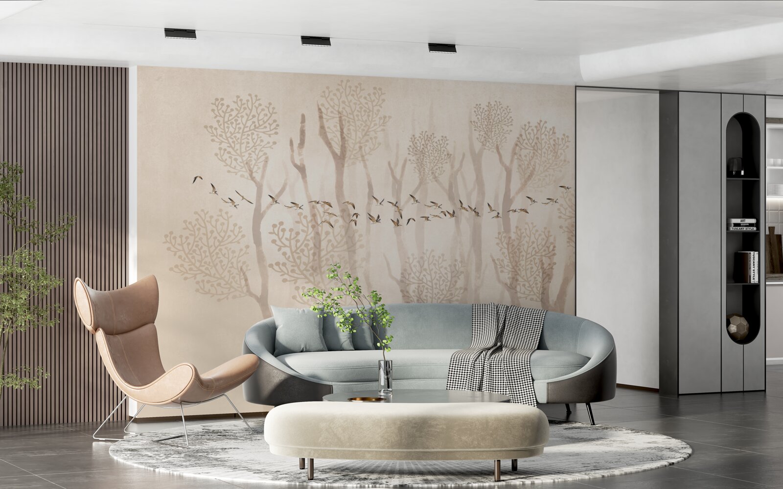 Фотошпалери витончені дерева та група птахів