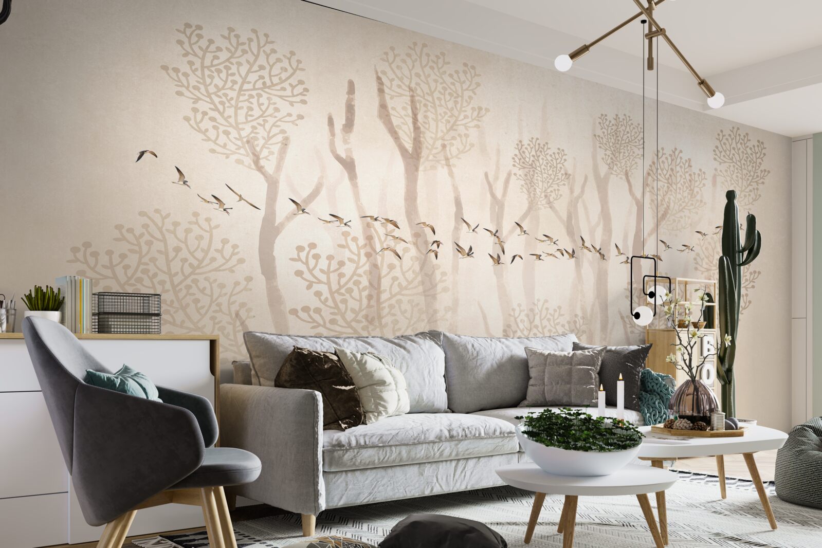 Фотошпалери витончені дерева та група птахів