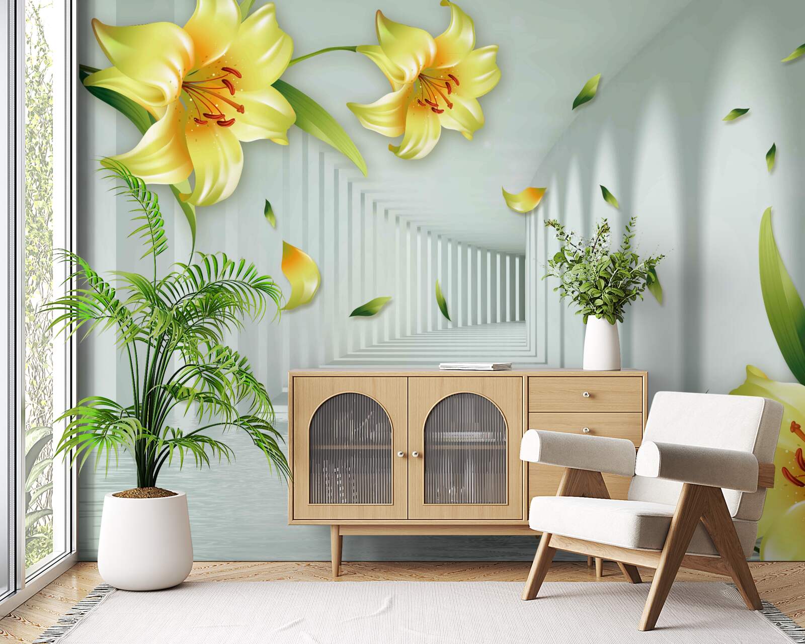 Фотошпалери тривимірний тунель з жовтими ліліями