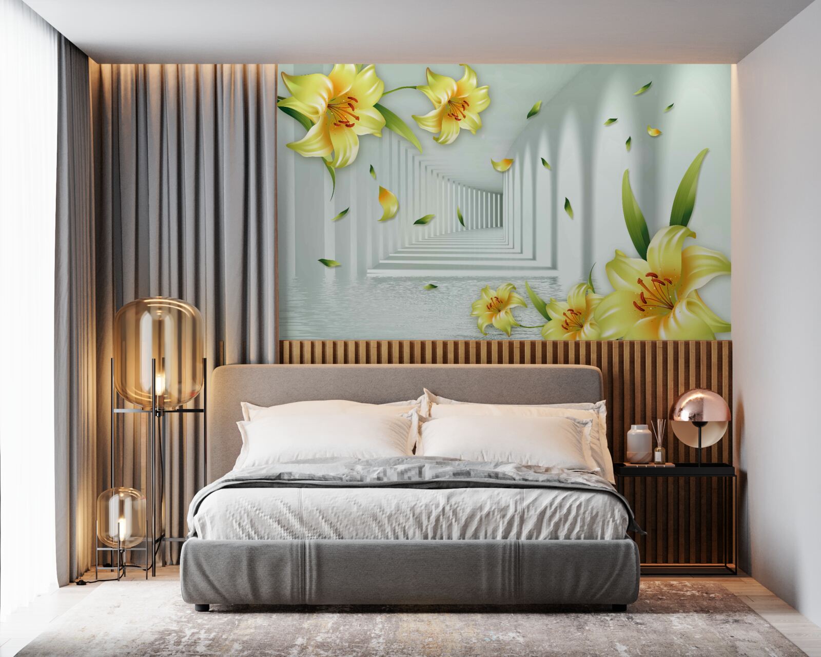 Фотошпалери тривимірний тунель з жовтими ліліями