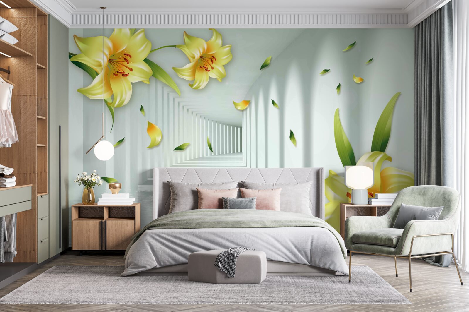 Фотошпалери тривимірний тунель з жовтими ліліями