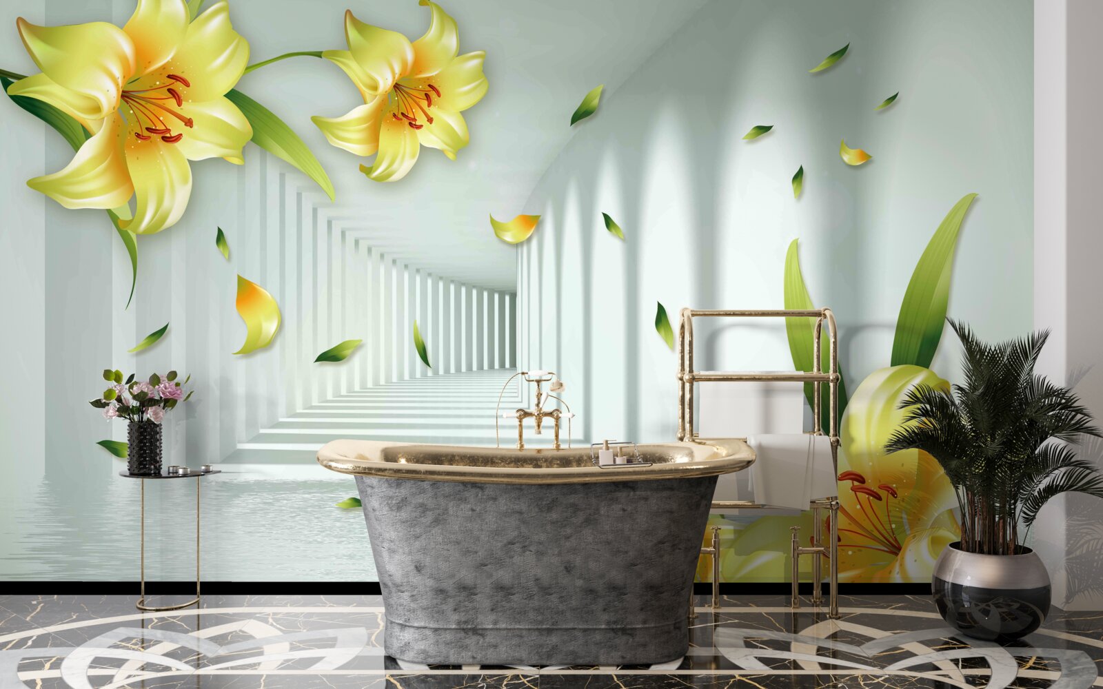 Фотошпалери тривимірний тунель з жовтими ліліями