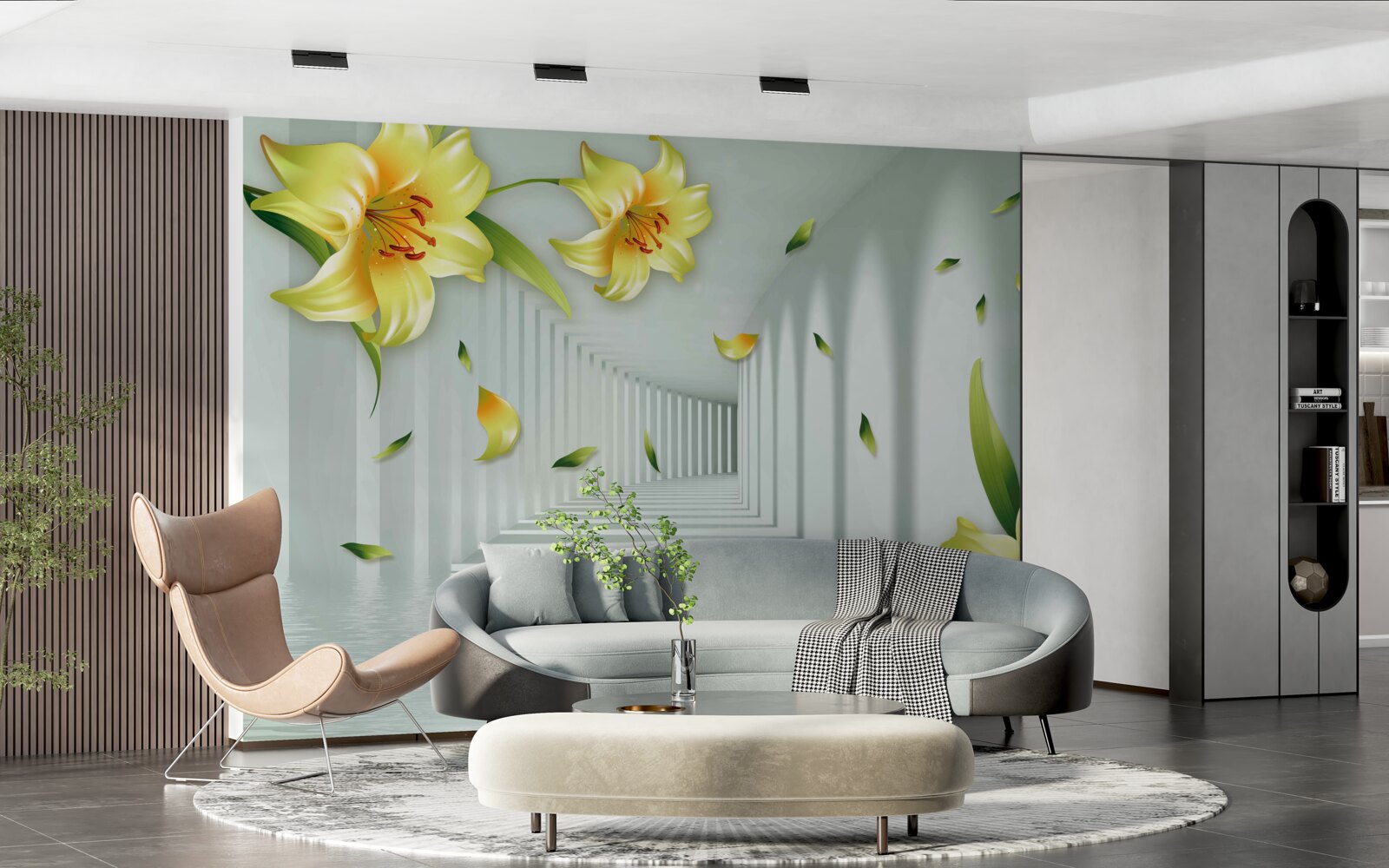 Фотошпалери тривимірний тунель з жовтими ліліями