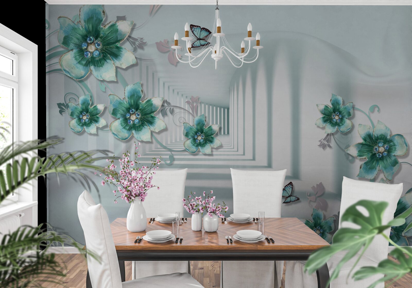 Фотошпалери тривимірний тунель із зеленою рослинністю