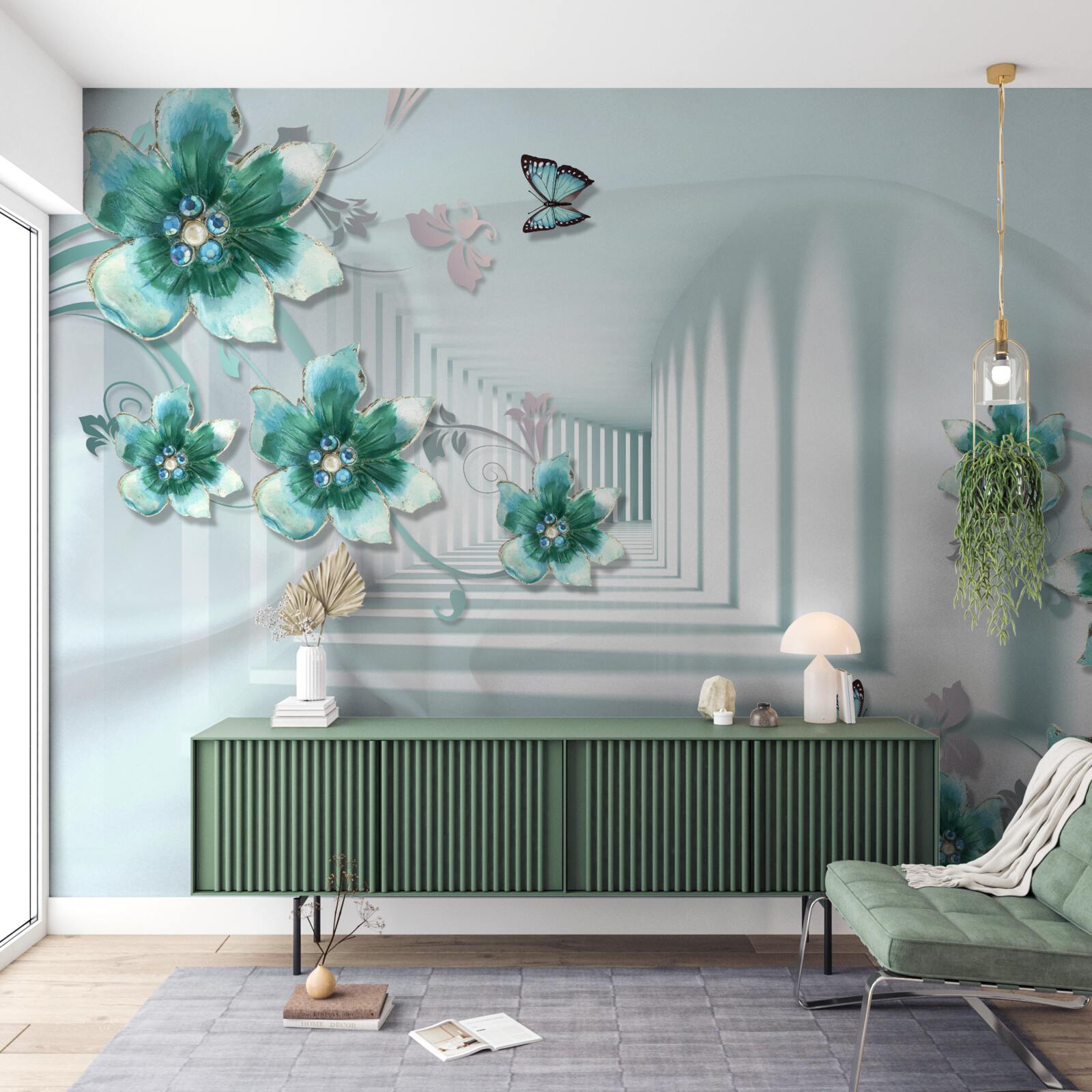 Фотошпалери тривимірний тунель із зеленою рослинністю