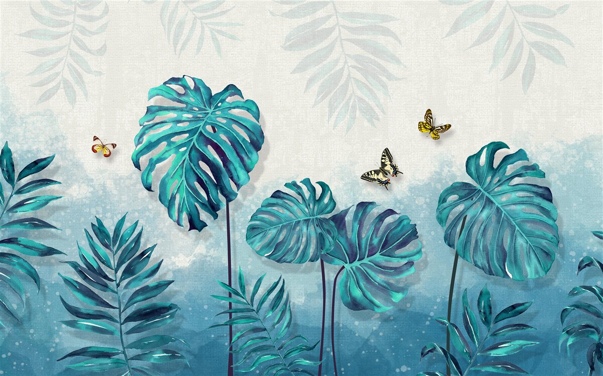 Фотошпалери листя монстери блакитне, прикрашене метеликами